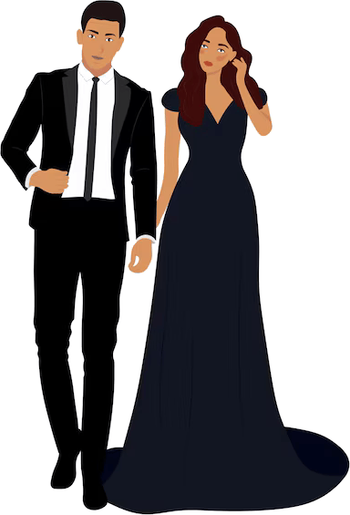 Pareja vestida de gala: él con esmoquin, ella con vestido largo